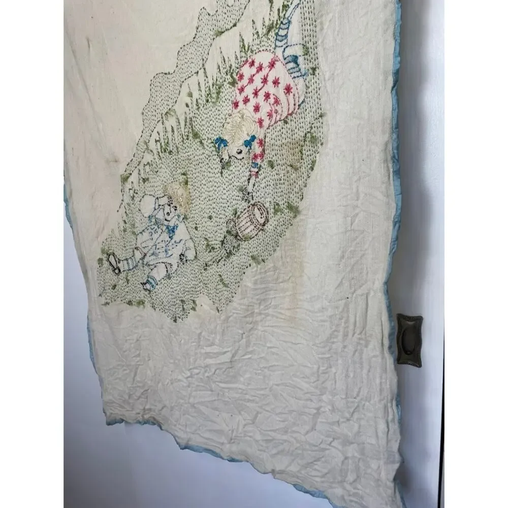 Vintage Hand Embroidered Baby Blanket Jack and Jill Nursery Rhyme Rare 60's 70's